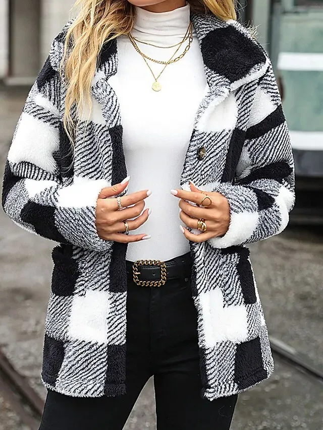 Women's Teddy Coat Plaid Sherpa Jacket Winter Fleece Coat Fall Single Breasted Stand Collar Jacket Regular Fit Outerwear Long Sleeve Black Khaki