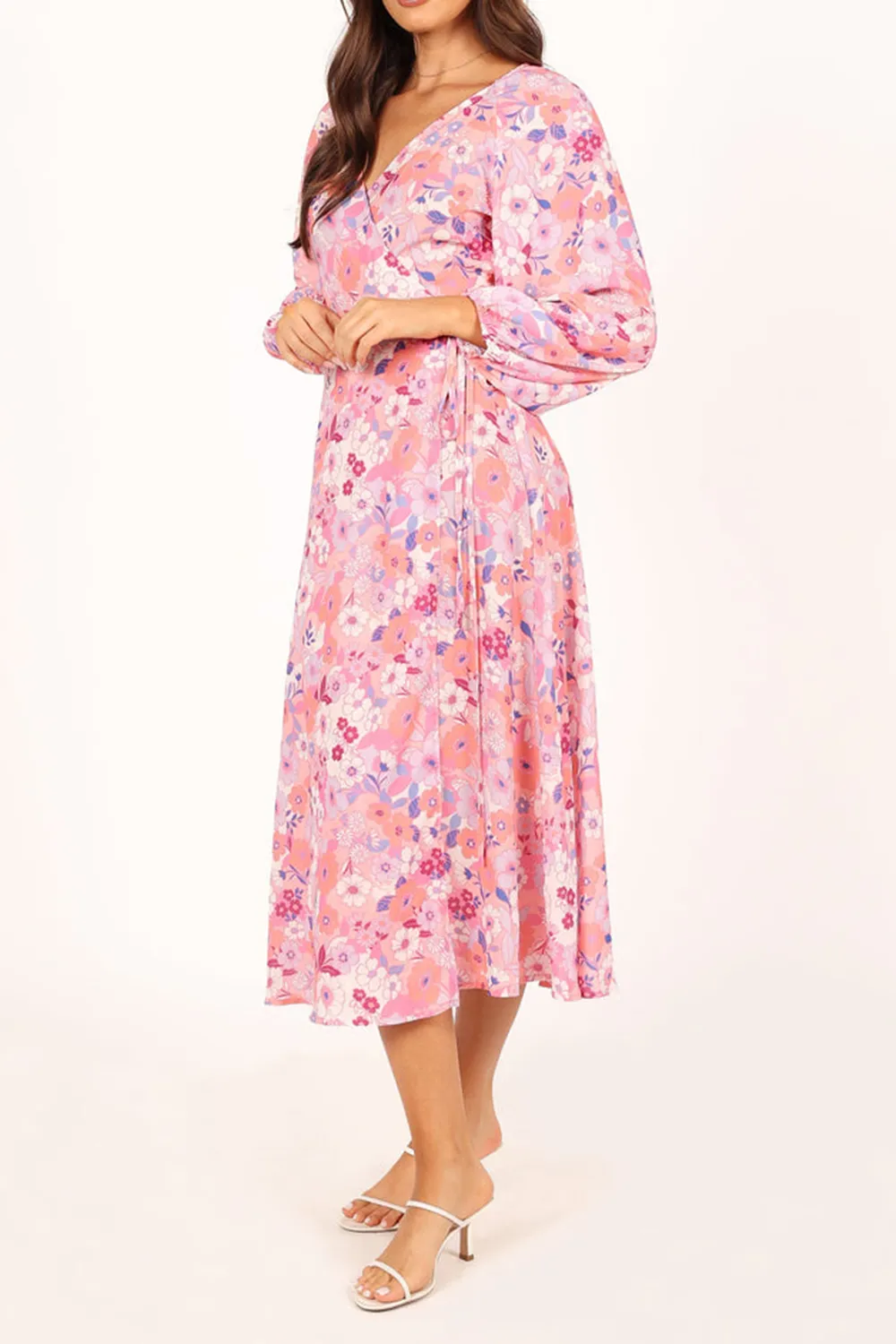 PINK FLORAL LONG SLEEVE MIDI DRESS
