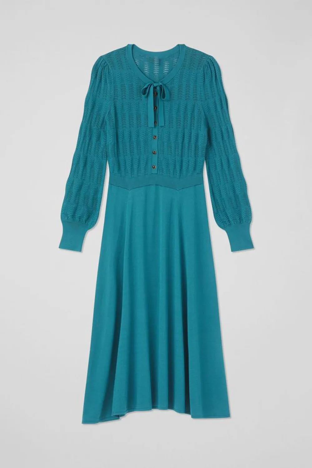 Teal Tie Neck Long Sleeve Midi Dress