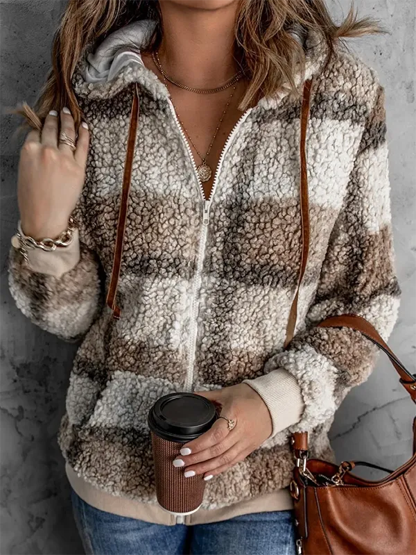 Casual Winter Plaid V neck No Elasticity Daily Loose Regular Regular Teddy Jacket for Women