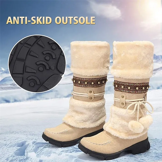 Women's Boots Snow Boots Plus Size Outdoor Daily Fleece Lined Knee High Boots Winter Bowknot Pom-pom Chunky Heel Round Toe Casual Industrial Style PU Lace-up Black Purple Brown