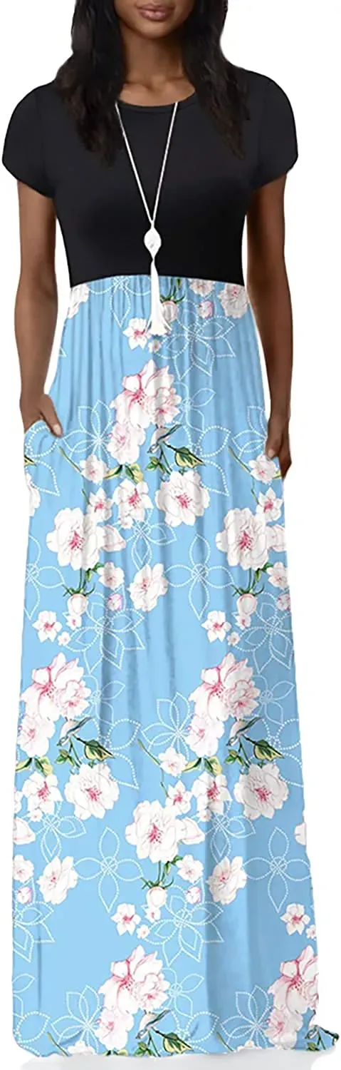 Women's Short Sleeve Loose Plain Maxi Dresses Casual Long Dresses with Pockets