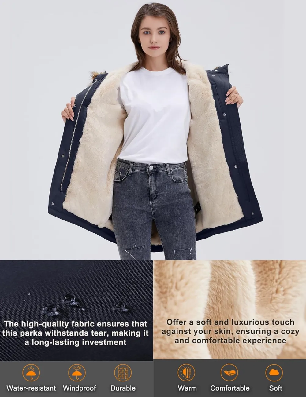 Women's Winter Coats Fleece Lined Parka Jacket Hooded Long Winter Warm Parka Coat with Pockets