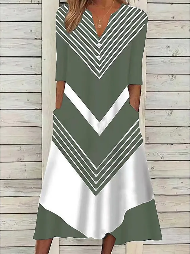 Women's Casual Dress Shift Dress Midi Dress Black and white stripes Green Dark Blue Half Sleeve Color Block Button Summer Spring V Neck Basic Vacation 2023 S M L XL XXL 3XL
