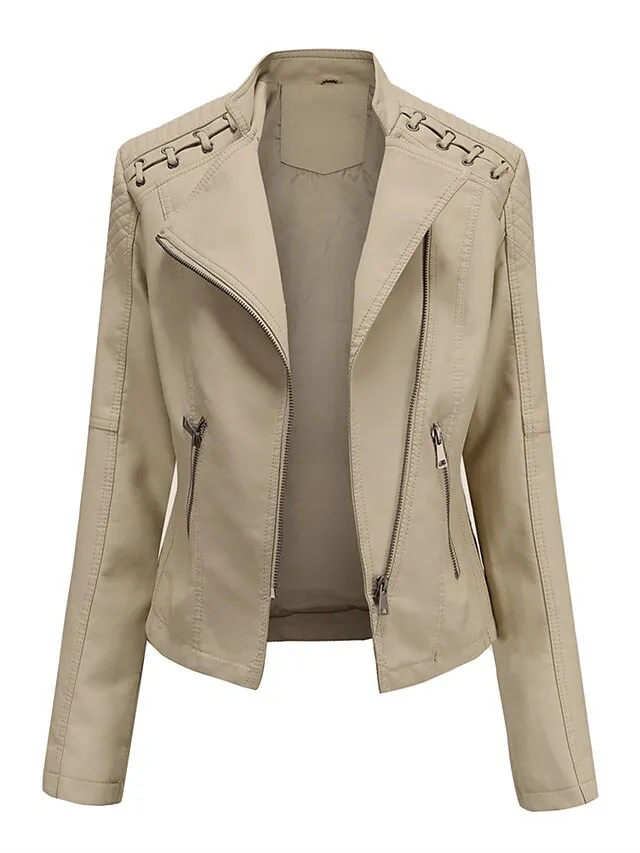 Women's  Faux Leather Jacket Moto Biker Jacket Fall Waterproof Windproof Coat Winter Zipper Lapel Modern Outerwear Long Sleeve Causal Vacation