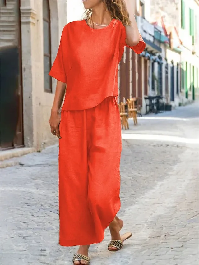 Women's Loungewear Sets 2Pcs Pure Color Short Sleeve Shirts and Wide Leg Pants Casual Comfort Home Daily Polyester Spring Summer Orange Red Navy