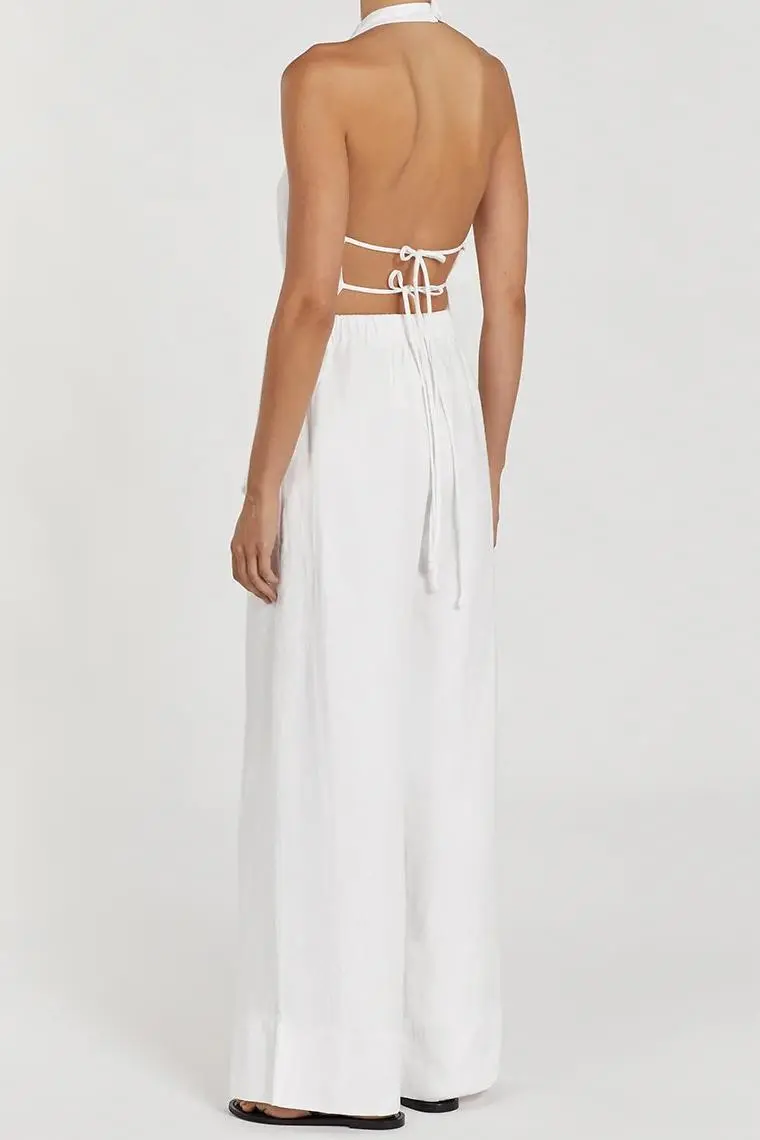 WHITE LINEN ELASTIC WAIST PANT