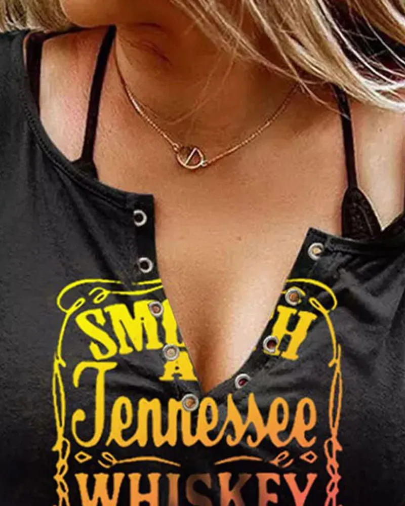 Smooth As Tennessee Whiskey Sweet As Strawberry Wine Print Eyelet Decor Casual Tank Top