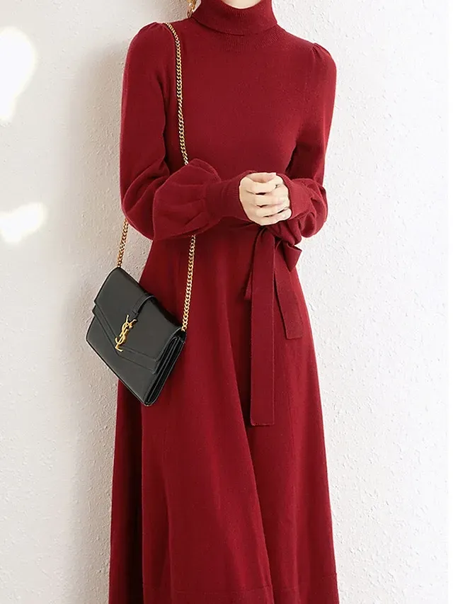 Women's Red Christmas Dress Sweater Dress Jumper Dress Midi Dress Warm Fashion Casual Plain Outdoor Christmas Daily Vacation Turtleneck Long Sleeve Lace up 2023 Regular Fit Black Wine Blue One Size