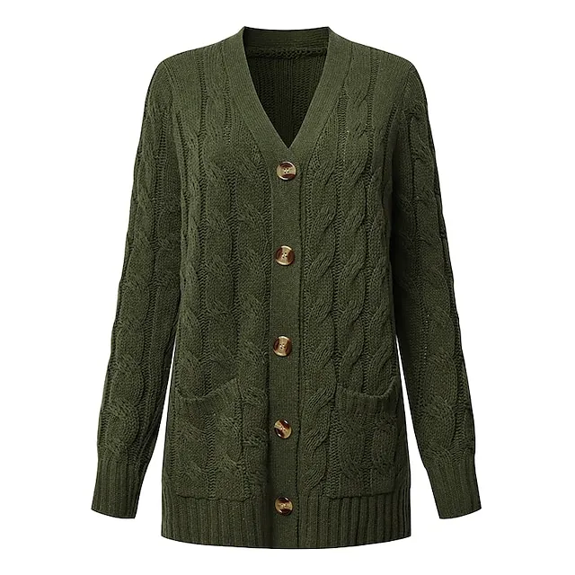 Women's Cardigan Pocket Knitted Button Solid Color Casual Chunky Long Sleeve Regular Fit Sweater Cardigans Open Front Fall Winter Dark powder Blue Army Green