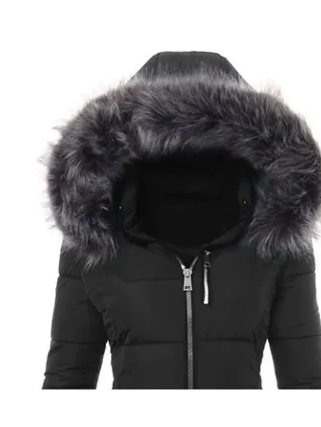 Women's Puffer Jacket Winter Jacket Winter Coat Comfortable Casual Daily Casual Daily Weekend Fur Collar Fleece Lined Zipper Hoodie Daily Comtemporary Stylish Simple Solid Color Regular Fit Outerwear