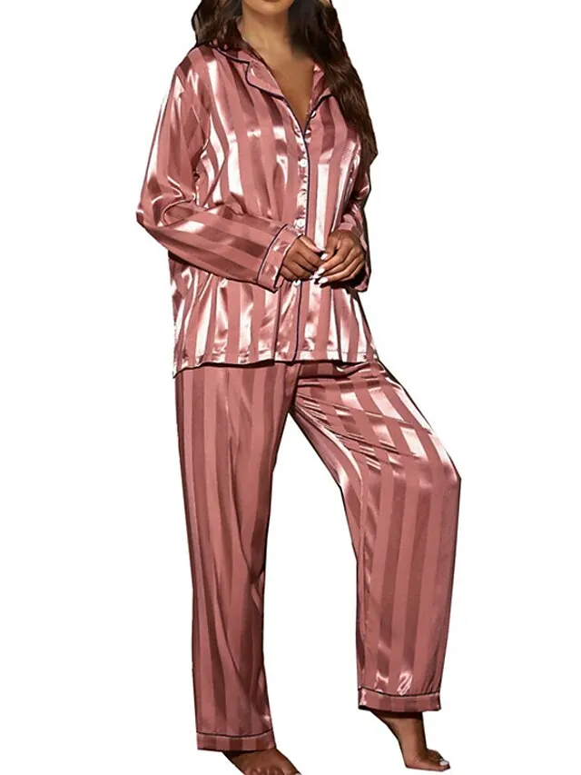 Women's Pajamas Sets Stripe Simple Comfort Soft Christmas Daily Carnival Satin Gift Lapel Long Sleeve Shirt Pant Button Pocket Fall Spring Pink Fuchsia