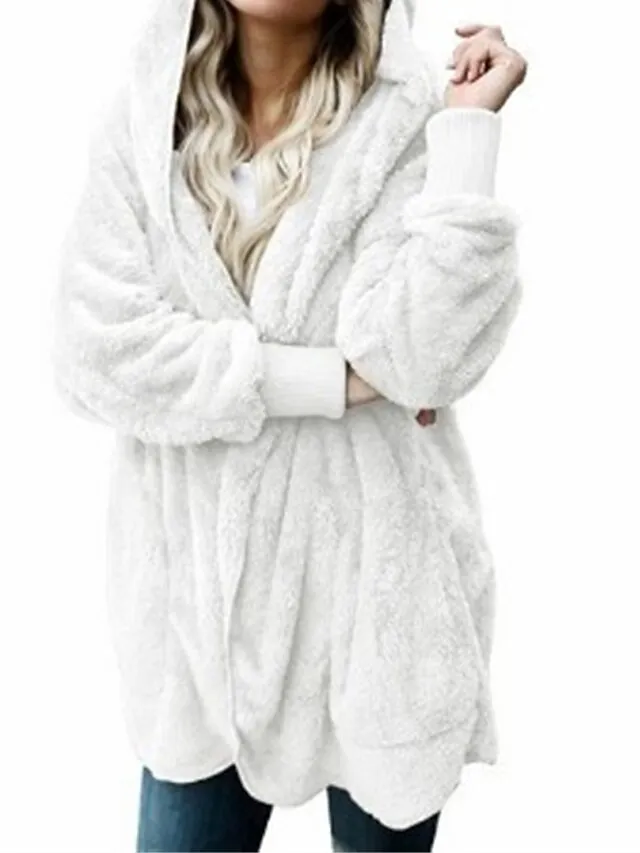 Women's Fleece Sherpa Jacket Teddy Bear Coat with Hood Open Front Winter Coat Fall Windproof Warm Comtemporary Stylish Plush Jacket Long Sleeve Plain with Pockets Oversize Lotus Black