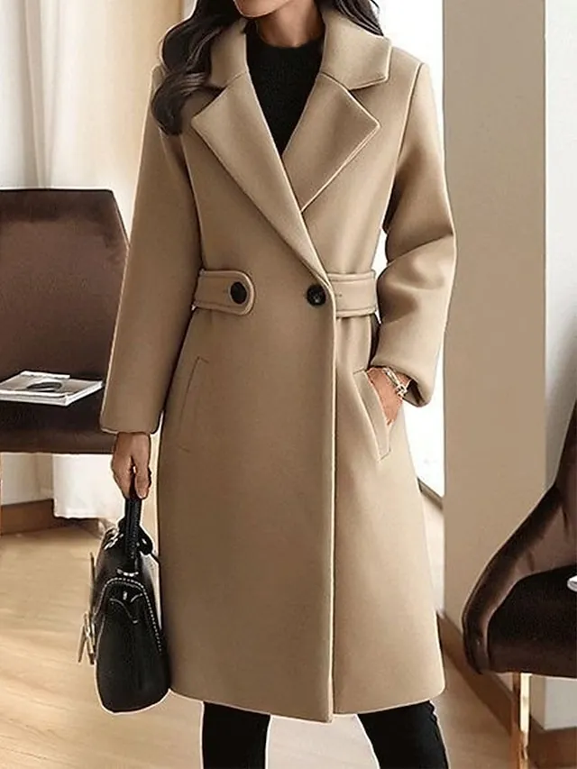 Women's Winter Coat Long Pea Coat Lapel Fall Warm Overcoat Maillard Windproof Warm Outerwear with Pockets Trench Coat Comtemporary Stylish Casual Jacket Long Sleeve Red Camel Brown