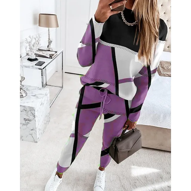 Women's Sweatshirt Tracksuit Pants Sets Camel Purple Green Geometric Color Block Drawstring Print Long Sleeve Sports Outdoor Casual Active Streetwear Crew Neck Regular Fit Fall & Winter