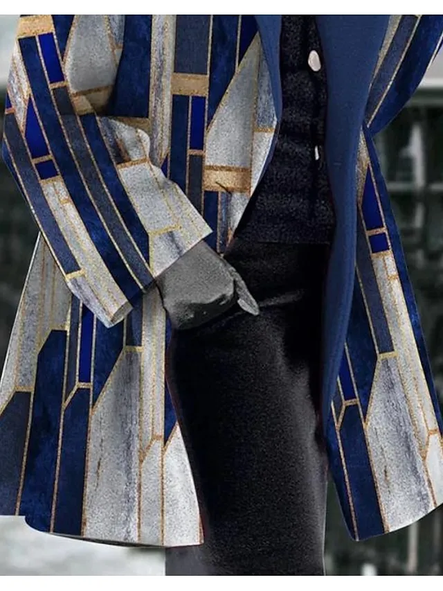 Women's Winter Coat Long Overcoat Single Breasted Lapel Pea Coat Thermal Warm Windproof Trench Coat with Pockets Geometric Print Elegant Oversized Outerwear Fall Outerwear Long Sleeve