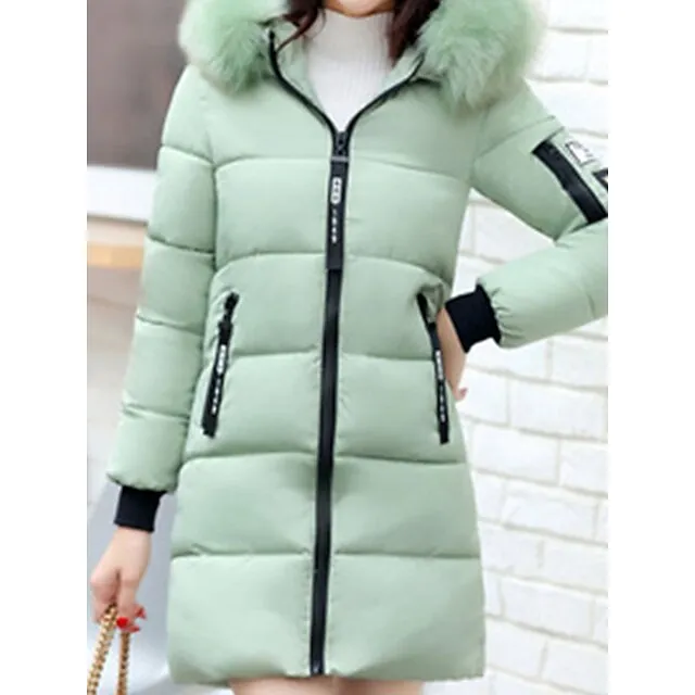 Women's Parka Long Puffer Jacket Windproof Thermal Warm Heated Coat with Pockets Winter Coat with Fur Collar Hood Long Sleeve Full Zip Black White Pink