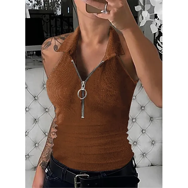 Women‘s spring  summer solid color pit strip lapel zipper vest women‘s fashion casual t-shirt