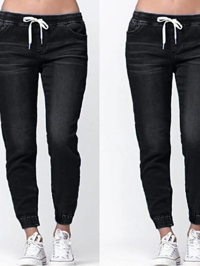 Women‘s Low Rise Jeans Pants Trousers Ankle-Length Denim Side Pockets Micro-elastic Mid Waist Fashion Casual Weekend Light Blue Black S M