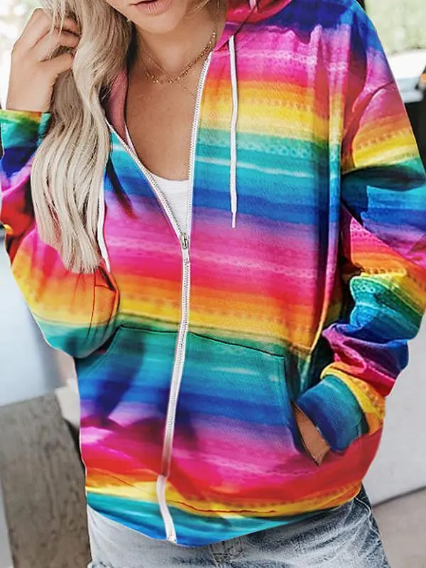Rainbow Stripe Long Sleeve Zipper Tops