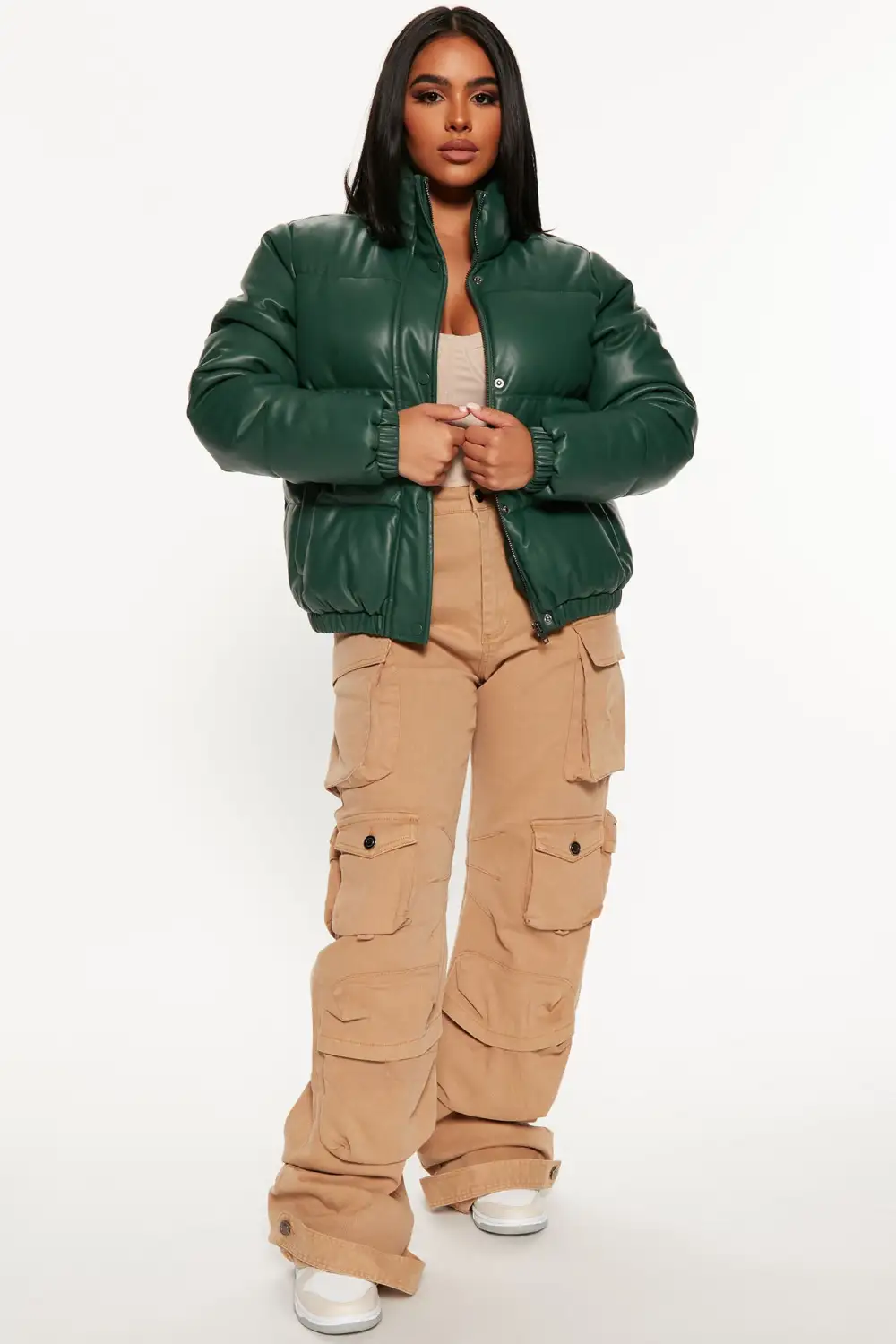 Upgrade You Faux Leather Puffer Jacket - Hunter