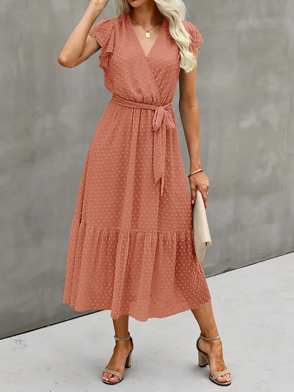 Women Summer Bohemian Floral Casual Wrap V Neck Ruffle Cap Sleeveless Belt A-Line Pleated Hem Swing Midi Sun Dress