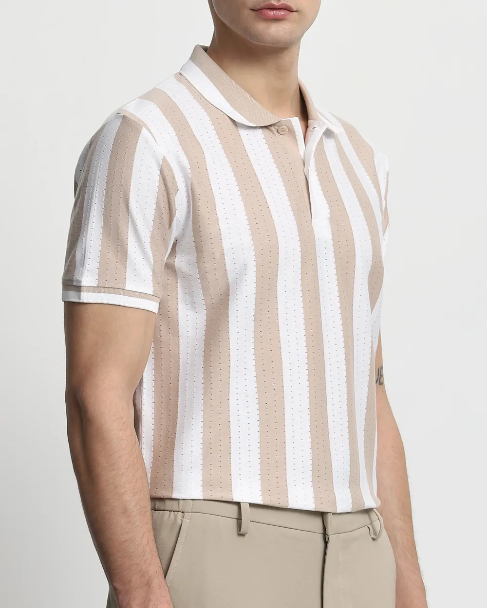 Daily Simple And Slimming Beige Striped Textured Polo Shirt