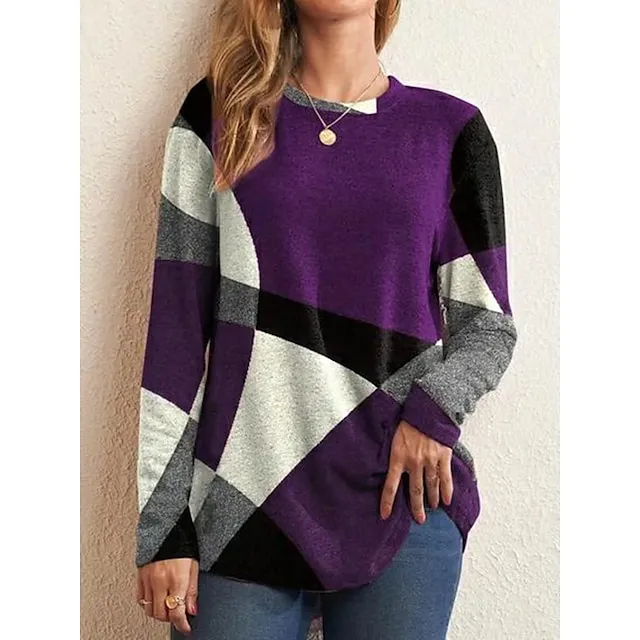 Women's T shirt Tee Red Blue Purple Geometic Color Block Office Basic Round Neck Fall Winter Fall & Winter
