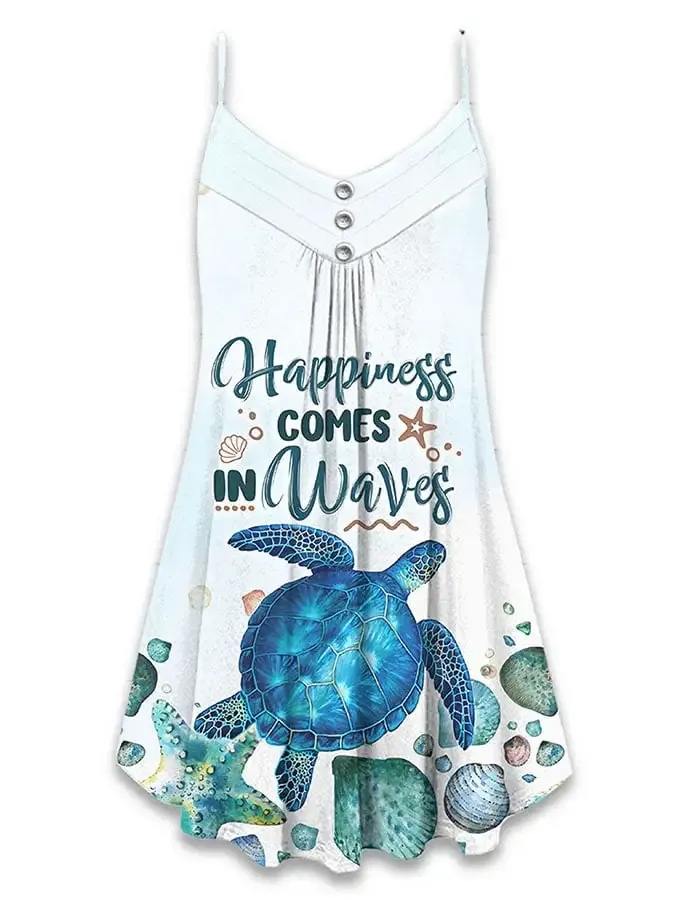 Vacation Sea Turtle Happiness Comes In Waves Print Spaghetti Strap Dress Swimsuit Coverup