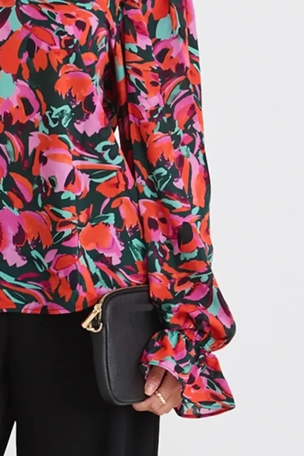 Floral Print Ruched Long - Sleeve Blouse