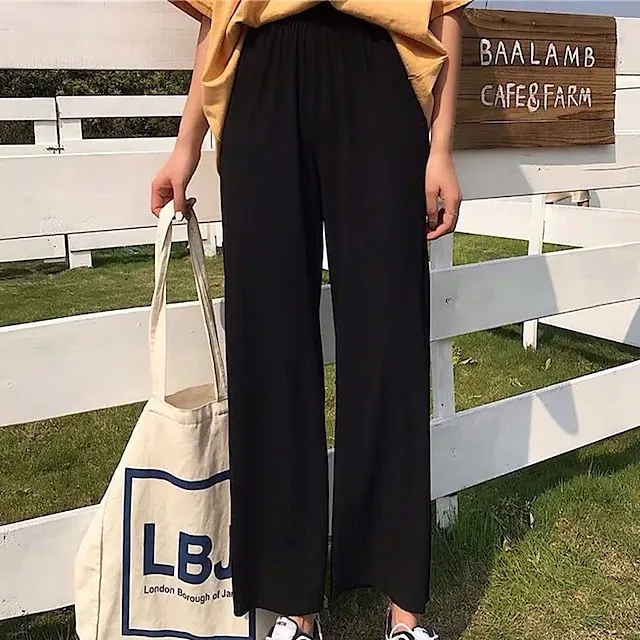 Women's Dress Pants Wide Leg Chinos Ankle-Length Baggy Micro-elastic Mid Waist Fashion Streetwear Daily Weekend Black S M Summer Spring &  Fall
