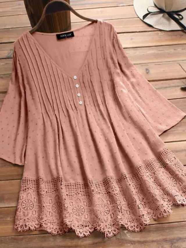 Women's Shirt Blouse White Eyelet Tops Cotton Pure Color White Pink Green Lace Button 3/4 Length Sleeve Daily Basic Casual V Neck Regular Fit Summer Spring Fall