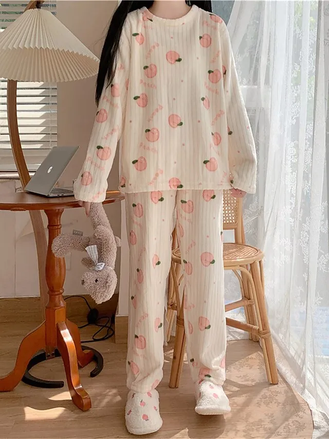 Women's Fleece Loungewear Sets Fluffy Pajama Fuzzy 2 Pieces Bear Peach Fashion Casual Comfort Street Daily Date Polyester Warm Crew Neck Long Sleeve Pant Fall Winter Lotus Pink Black