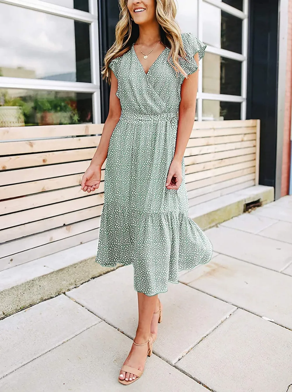 Women Summer Bohemian Floral Casual Wrap V Neck Ruffle Cap Sleeveless Belt A-Line Pleated Hem Swing Midi Sun Dress