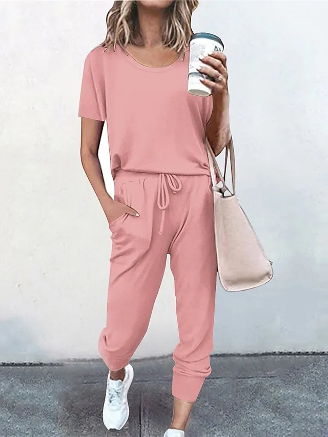 Women's Loungewear Sets Pure Color Fashion Casual Comfort Street Daily Date Polyester Breathable Crew Neck Short Sleeve T shirt Tee Pant Pocket Elastic Waist Summer Fall Black Pink