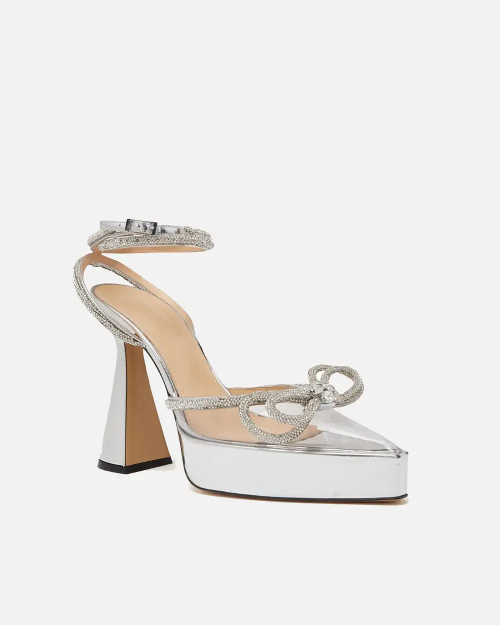 Crystal Bow Platform Flared Heels in Silver