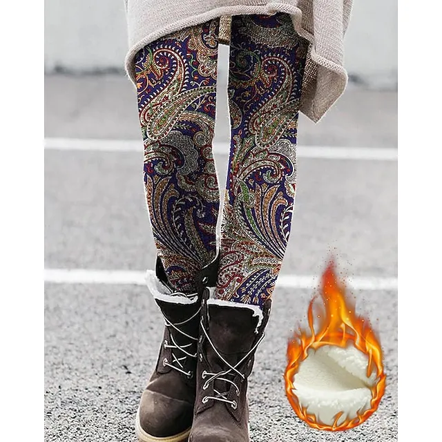 Women's Fleece Lined Leggings Warm Paisley Winter Leggings Tummy Control Butt Lift Ankle-Length Daily Fashion Tights Skinny Red Navy Blue Mid Waist Micro-elastic Winter