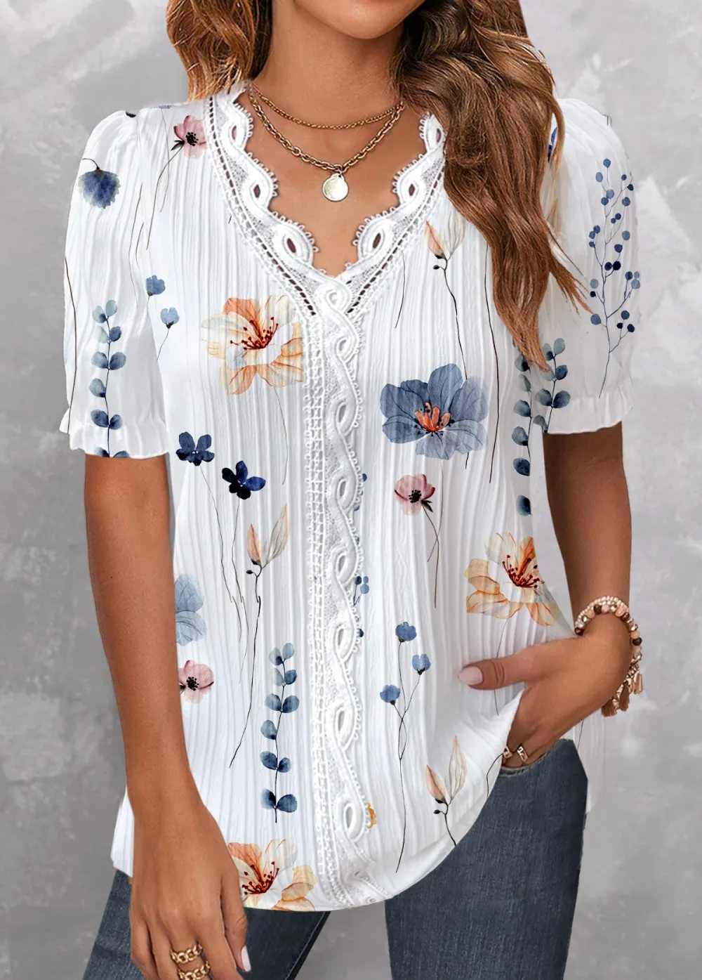 White Lace Floral Print Short Sleeve V Neck Blouse