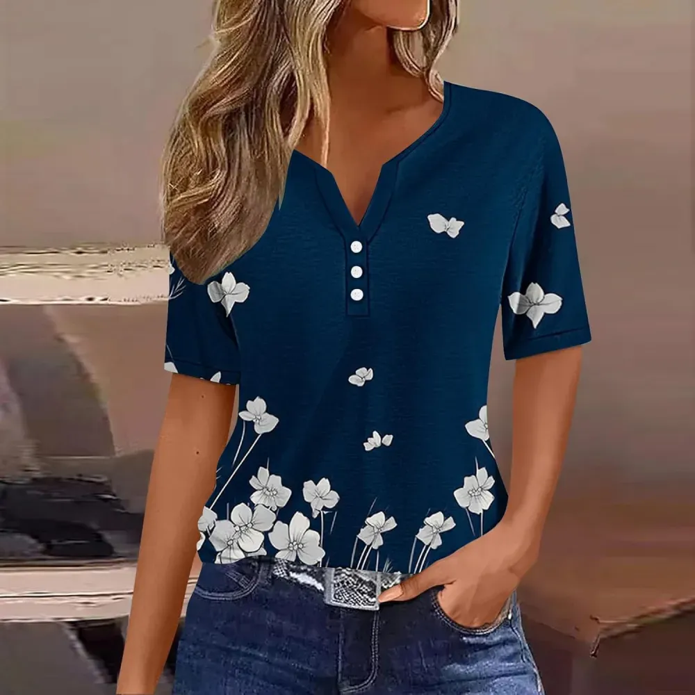 Shirts for Women Casual Printed Summer Tops Short-Sleeved Button V-Neck Tops Blouse Fashion Boho T-Shirts