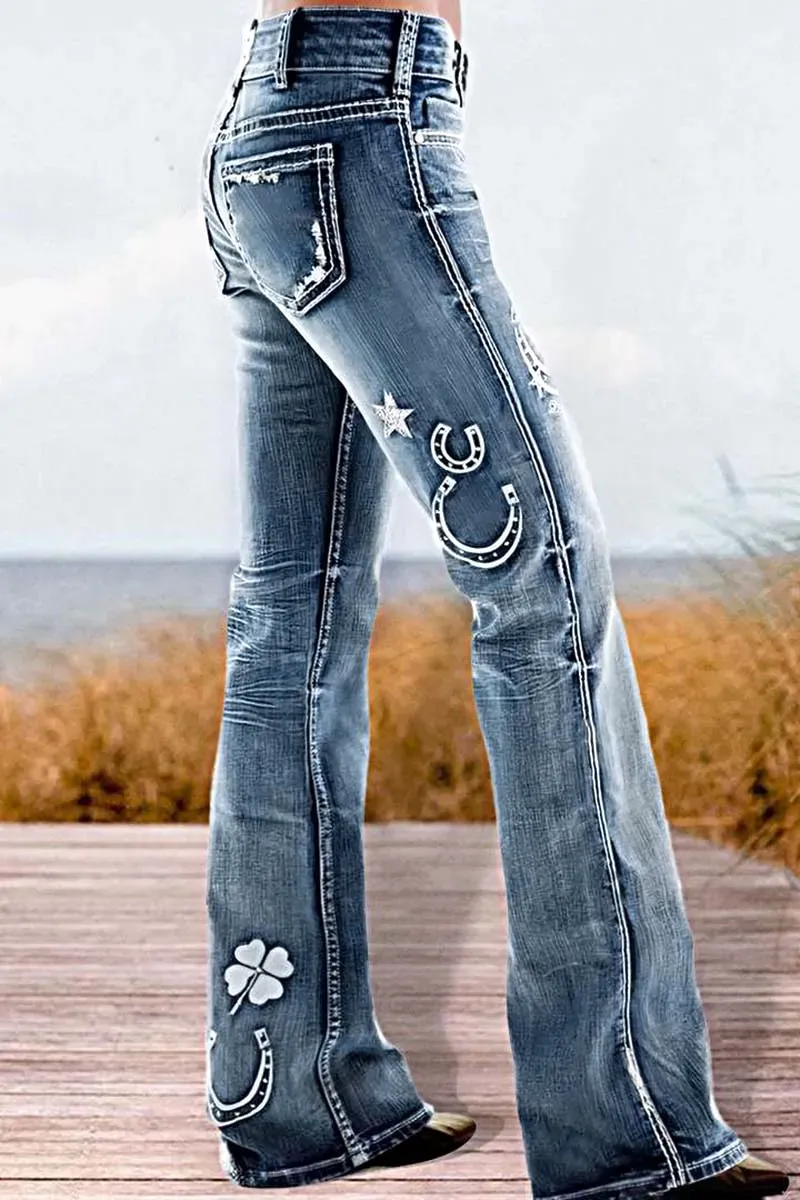 Star & Moon Pattern Button Front Mid Rise Bootcut Jeans