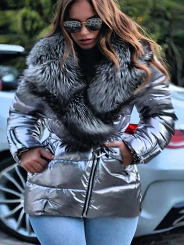 Women's Plus Size Down Fur Trim Pocket Pure Color Outdoor Causal Long Sleeve Turndown Regular Fall Winter Silver Black L XL XXL 3XL 4XL