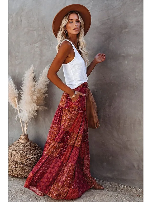 Women's Skirt Swing Long Skirt Maxi Red Blue Purple Orange Skirts Spring & Fall Ruffle Print Fashion coastal grandma style Boho Holiday Casual Daily S M L