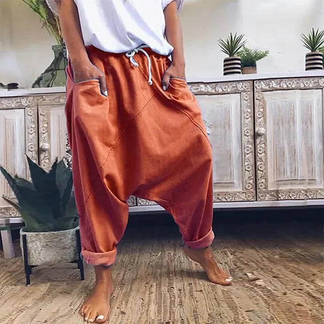 Women's Fashion Streetwear Chinos Harem Pants Side Pockets Baggy Elastic Drawstring Design Full Length Pants Casual Weekend Micro-elastic Plain Linen / Cotton Blend Comfort Mid Waist Loose Blue Gray