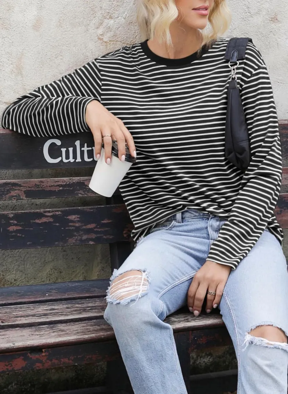 Dokotoo Women's Casual Striped Long Sleeve Tops Crew Neck Knit Ribbed Basic T Shirts