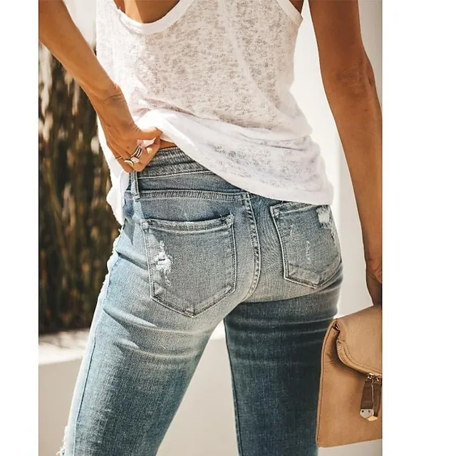 Women‘s Low Rise Jeans Skinny Pants Trousers Ankle-Length Denim Side Pockets Cut Out Micro-elastic Mid Waist Fashion Casual Weekend Light Blue S M