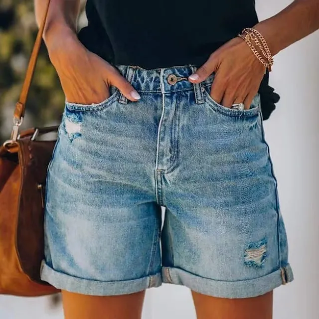 Women's Jeans Shorts Denim Blue Mid Waist Fashion Casual Weekend Side Pockets Cut Out Micro-elastic Short Comfort Plain S M L XL XXL