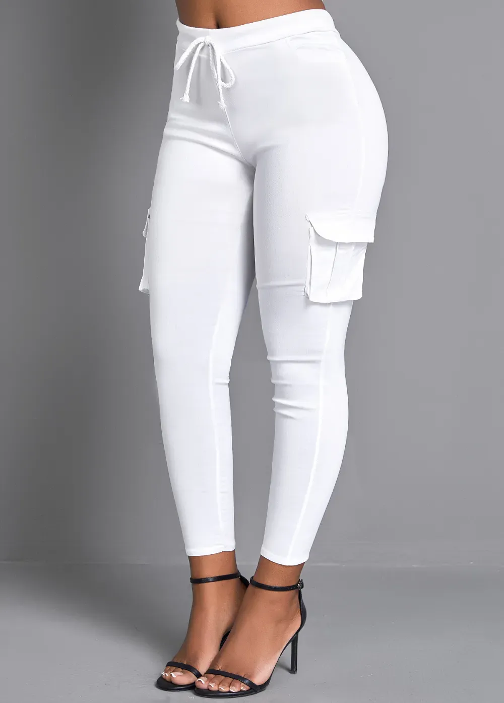 White Pocket Skinny Drawastring High Waisted Pants