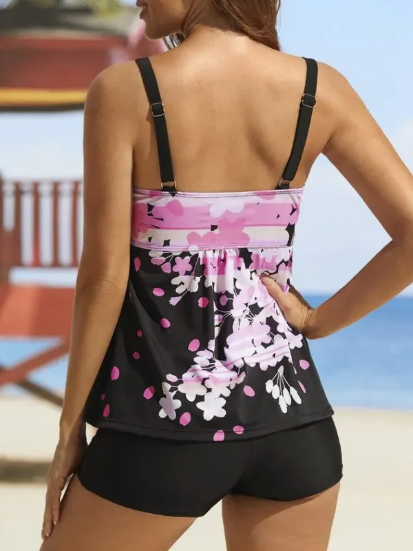 Vacation Floral Printing Scoop Neck Tankinis Two-Piece Set