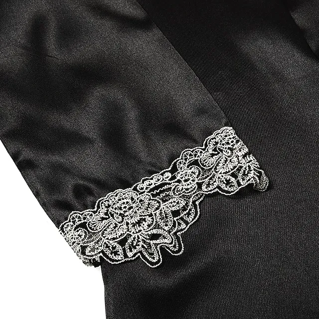 Women's Lingerie Pajama Sets 5 Pieces Satin Floral Lace Cami Top with Robe Nightgown Pants Pink Black Size XXL