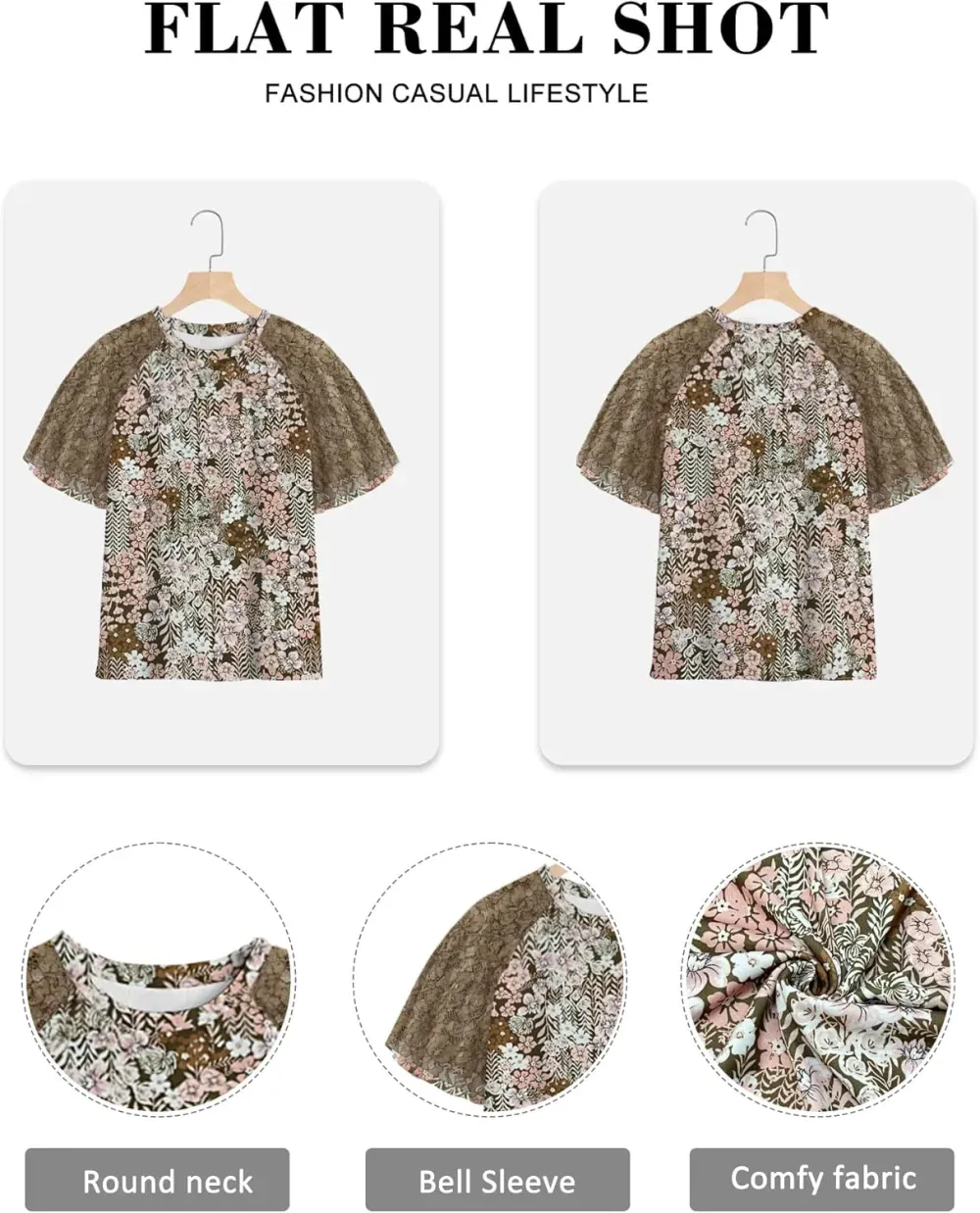 HDLTE Womens Plus Size Tops Floral Bell Sleeves Blouses Summer Crewneck Tunic Loose Casual T Shirts